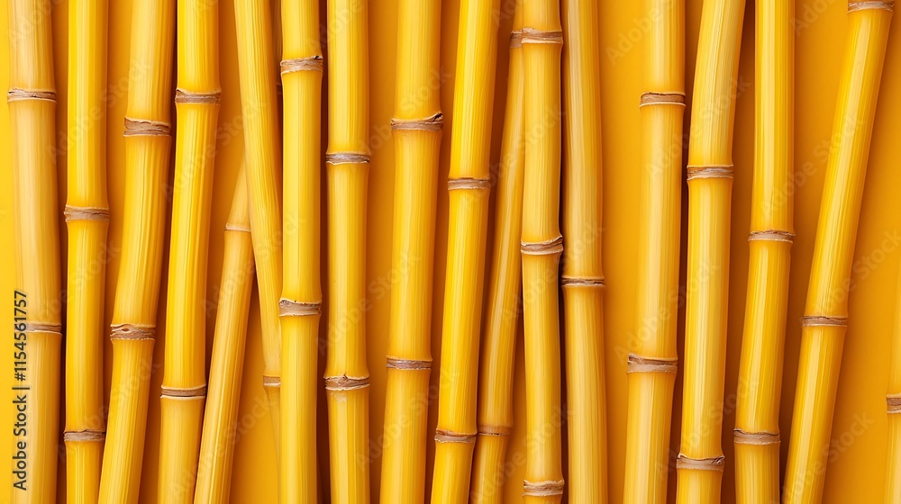 Fototapeta premium Yellow bamboo stalks arranged on a yellow background.