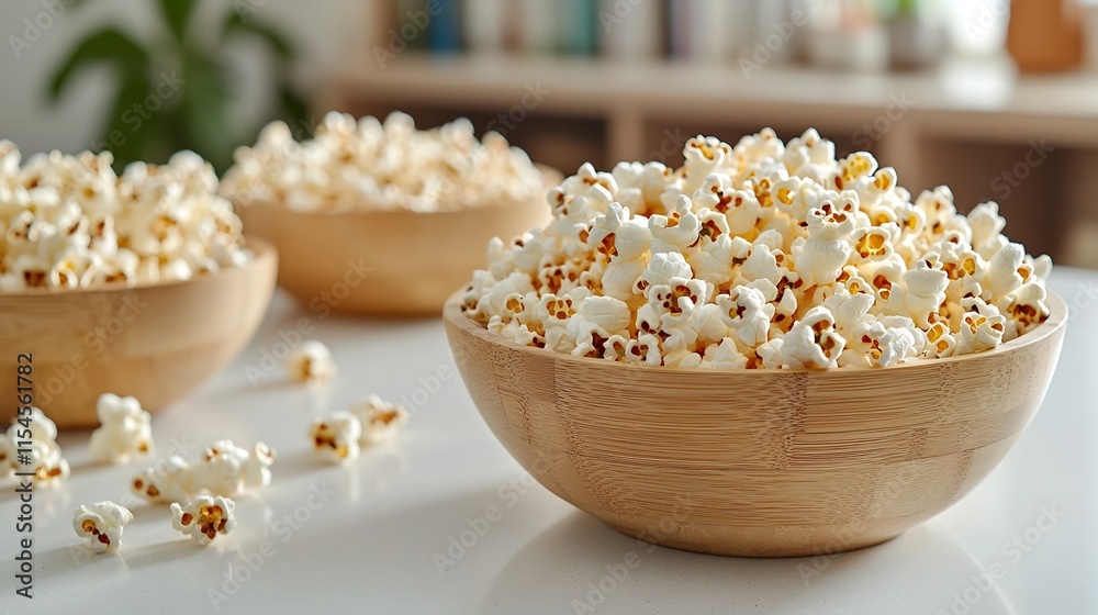 Eco-Friendly Bamboo Bowls with Popcorn on Minimalist Countertop with Blurred Background Eco-Friendly Bamboo Bowls with Popcorn on Minimalist Countertop with Blurred Background