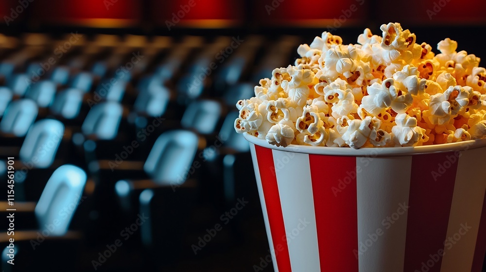 Dramatic Popcorn in Theater with Empty Seats - Cinema Snack Concept Dramatic Popcorn in Theater with Empty Seats - Cinema Snack Concept