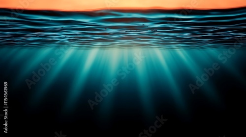 Underwater scene at sunset, sun rays penetrating deep ocean water.