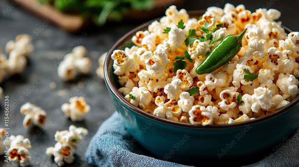 Spicy Jalapeo Popcorn with Green Peppers and Herbs on Rustic Table Spicy Jalapeo Popcorn with Green Peppers and Herbs on Rustic Table