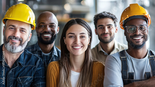 Diverse group of professionals smiling together in a modern workplace with safety helmets showcasing teamwork and collaboration in a construction environment