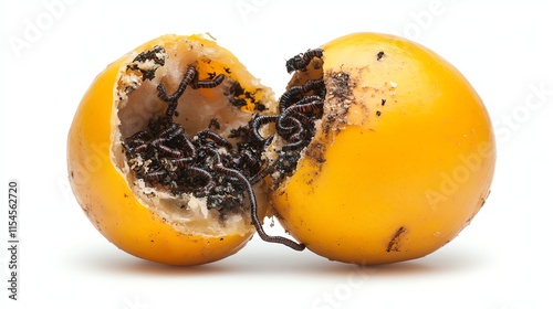 Cut yellow fruit showing interior with black worms on white background. photo