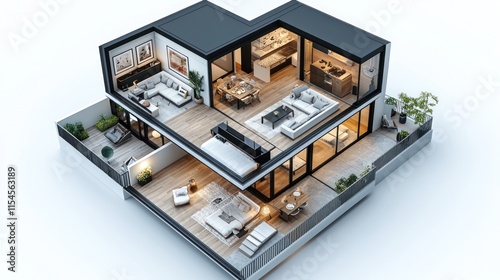 Isometric 3D floor plan of a modern home, cutaway view, showcasing contemporary design.