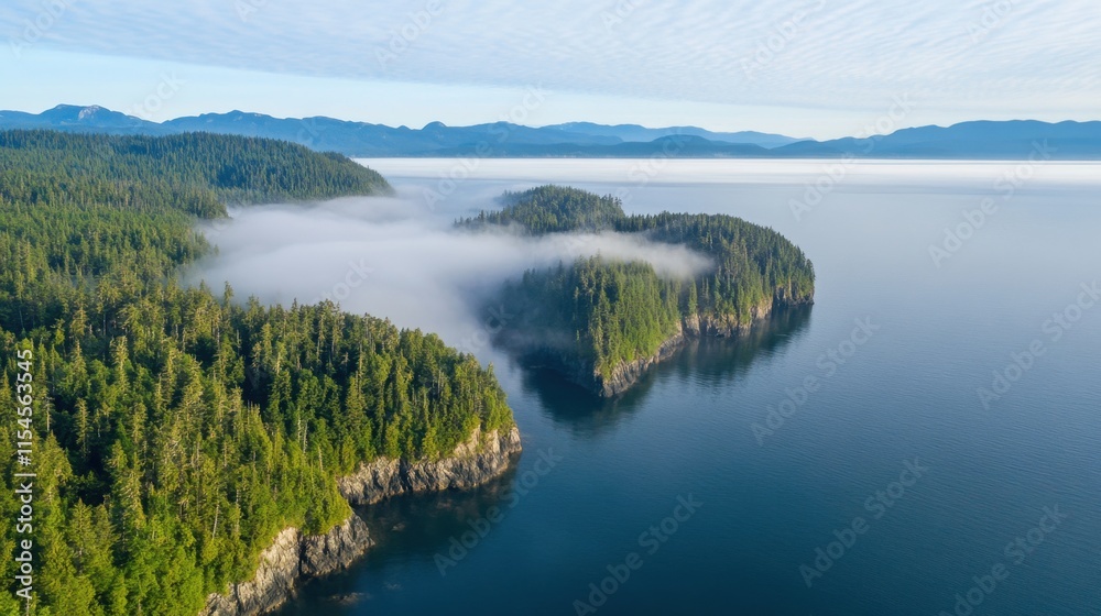 Serene Aerial View of Lush Green Forested Coastline with Calm Waters Serene Aerial View of Lush Green Forested Coastline with Calm Waters