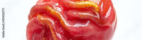 Close-up of a red tomato with twisty patterns, white isolate background.