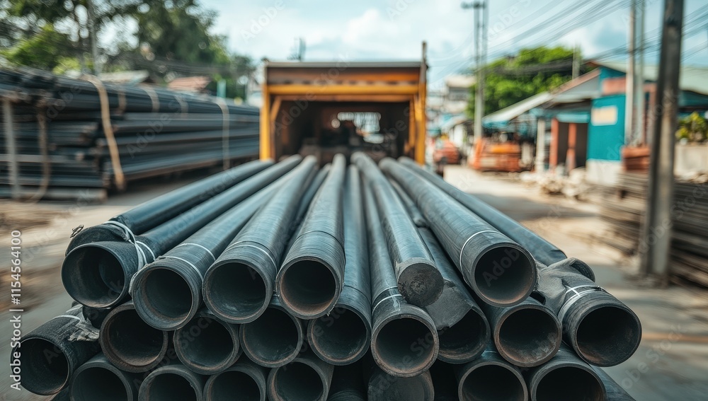 Close-up of Stacked PVC Pipes Ready for Transport on a Truck Close-up of Stacked PVC Pipes Ready for Transport on a Truck