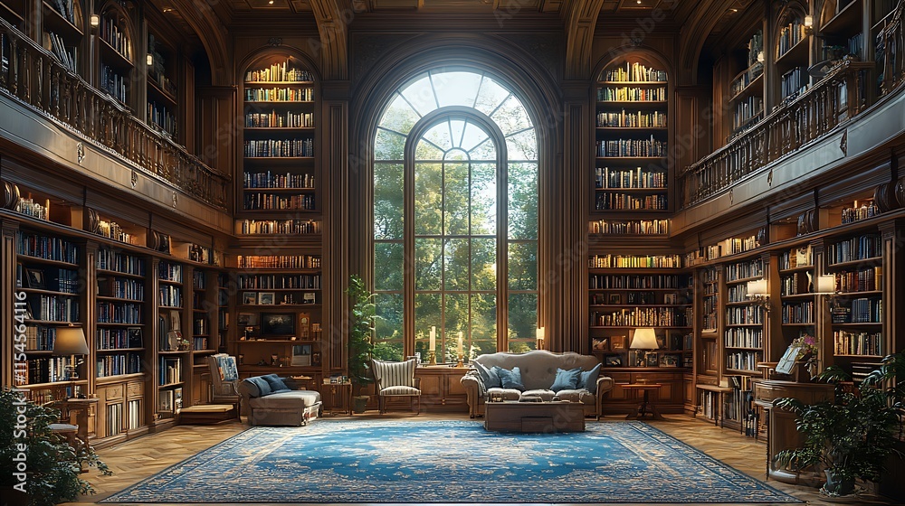 Obraz premium Grand Library Interior with Sunlight. Concept of Knowledge, Learning, and History.
