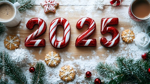 2025 New Year Candy Cane Typography, Red and White Striped Glossy Letters, Festive Wooden Background with Cookies and Cocoa, 3D Holiday Scene, Christmas and New Year Celebration Design photo