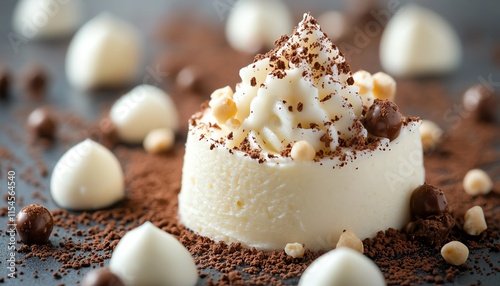 Closeup of milky white chocolate cream, perfectly smooth, rich and creamy texture, elegant dessert styling, soft light highlights, luxurious gourmet treat photo