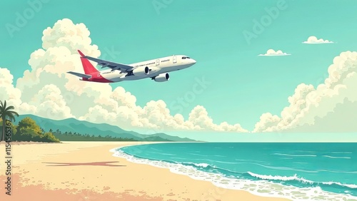 Airplane taking off with suits, surfboards, and slides.Vacation ,travel and tourist concept. 