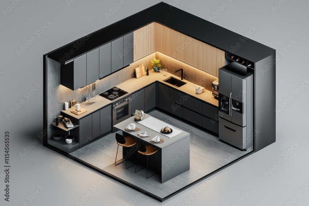 Isometric view of a kitchen interior, showcasing sleek appliances, minimalist design, and modern cabinetry in a 3D rendering. Isometric view of a kitchen interior, showcasing sleek appliances, minimalist design, and modern cabinetry in a 3D rendering.