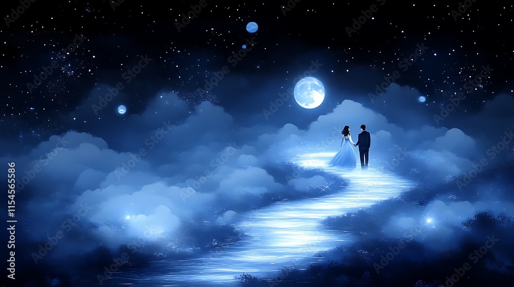 Obraz premium Couple walking on moonlit cloud path.
