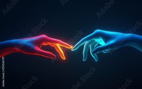 futuristic AI business concept, two hands nearly touching fingers, representing humantechnology connection, innovation and progress photo