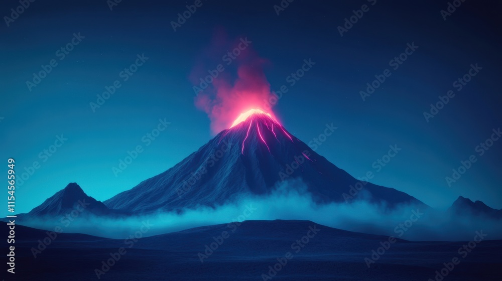 Fototapeta premium Erupting Volcano at Night with Glowing Lava and Smoky Atmosphere