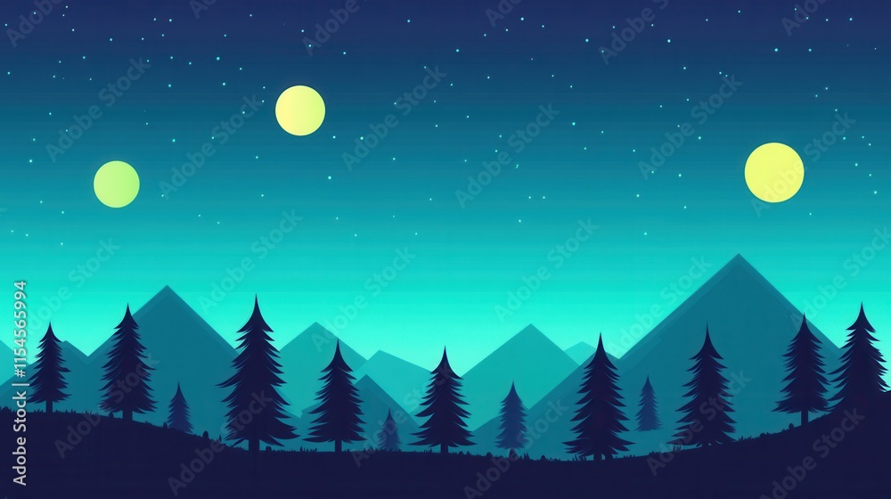 Fototapeta premium Majestic Night Landscape with Two Moons and Starry Sky Over Mountains