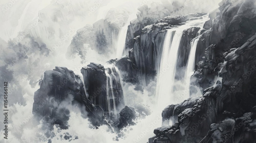 Fototapeta premium A serene black and white depiction of cascading waterfalls amidst rocky cliffs.