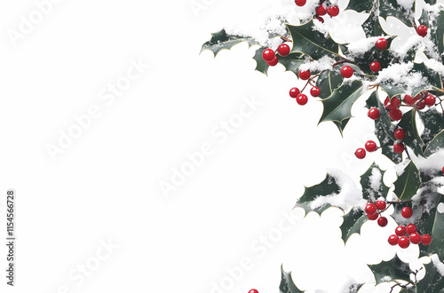 A border of snow-covered holly leaves and red berries on the right side, with space for text or graphics on a white background
