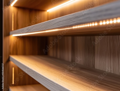 LED-lit wooden shelves inside a modern wardrobe, highlighting a minimalist design with vertical and horizontal strip lights. photo