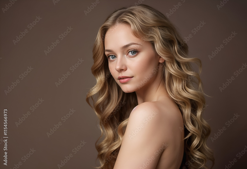 Naklejka premium A beautiful blonde woman with long, curly hair and flawless skin poses against a brown background. Shes wearing a brown dress strap and has elegant makeup. Her gaze is captivating.