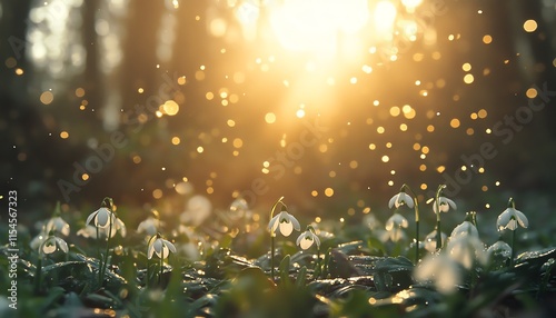 snowdrops in spring, fresh white flowers bathed in sunlight, blurred background with stunning sun rays and sun spikes, serene nature