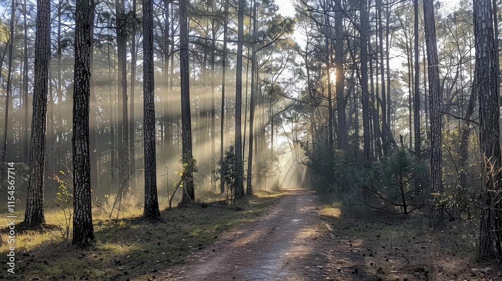 Fototapeta premium A serene forest path illuminated by sunlight filtering through tall trees.