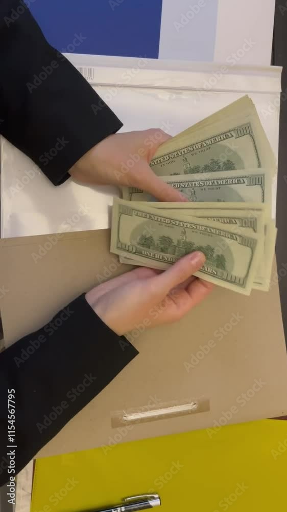 Counting cash in a financial office setting with clear organization and preparation before a transaction. High quality FullHD footage