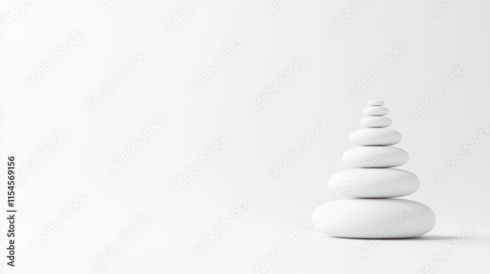 A minimalist arrangement of white stones stacked in a spiral formation against a clean, light background, evoking calmness and balance. A minimalist arrangement of white stones stacked in a spiral formation against a clean, light background, evoking calmness and balance.