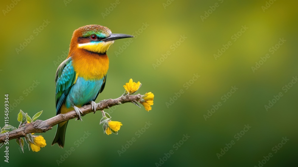 A vibrant bird perched on a branch, surrounded by yellow flowers against a soft, blurred background, showcasing its colorful plumage. A vibrant bird perched on a branch, surrounded by yellow flowers against a soft, blurred background, showcasing its colorful plumage.