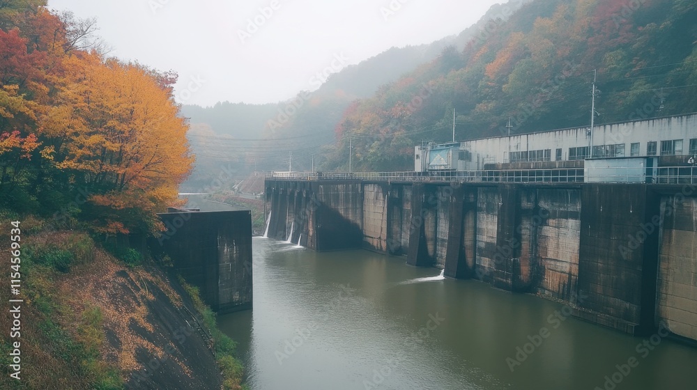 Serene River View with Dam Surrounded by Autumn Foliage and Misty Mountains Serene River View with Dam Surrounded by Autumn Foliage and Misty Mountains