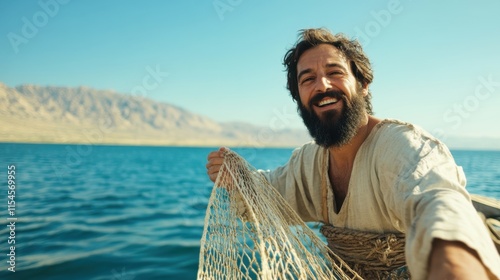 Joyful Fisherman Holding Net with Beautiful Mountain View in Background photo