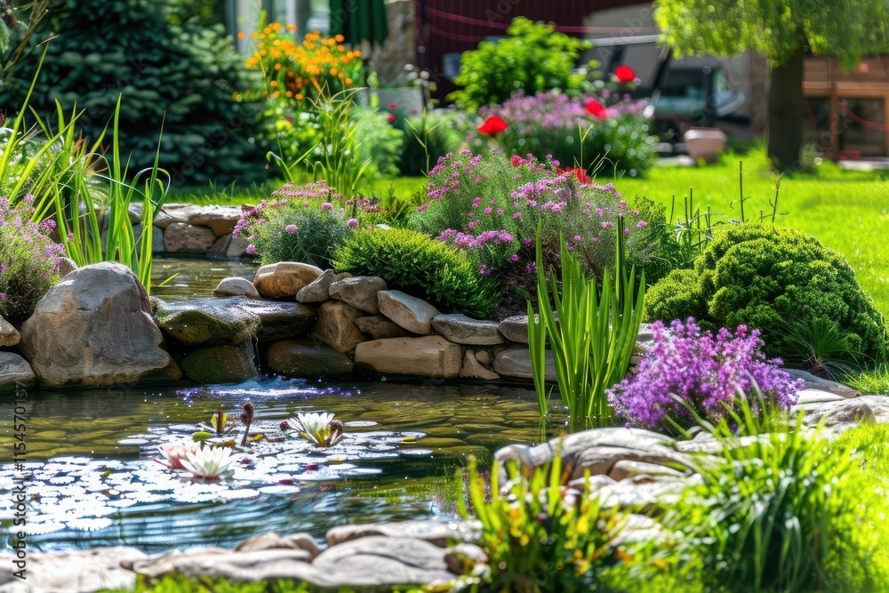A serene garden pond surrounded by vibrant flowers and lush greenery. A serene garden pond surrounded by vibrant flowers and lush greenery.