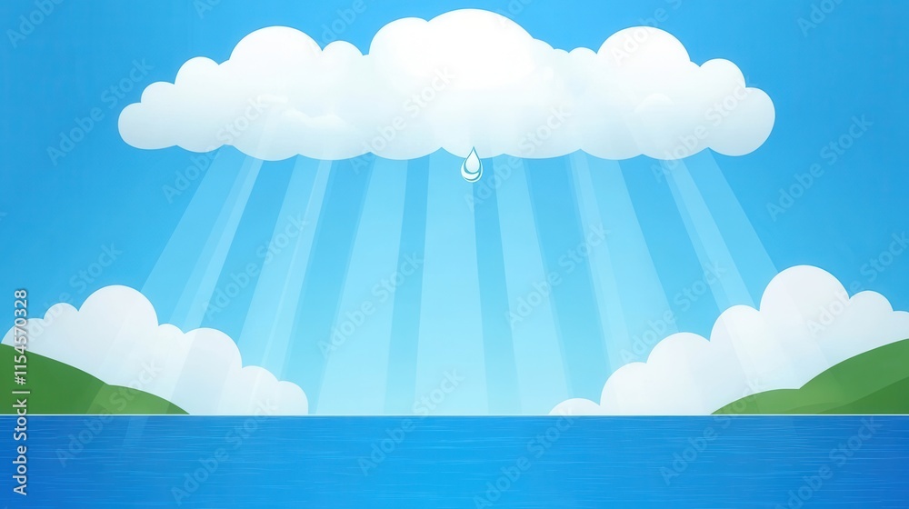 Vibrant Blue Sky with Clouds and Light Rays Over Calm Water Surface Vibrant Blue Sky with Clouds and Light Rays Over Calm Water Surface