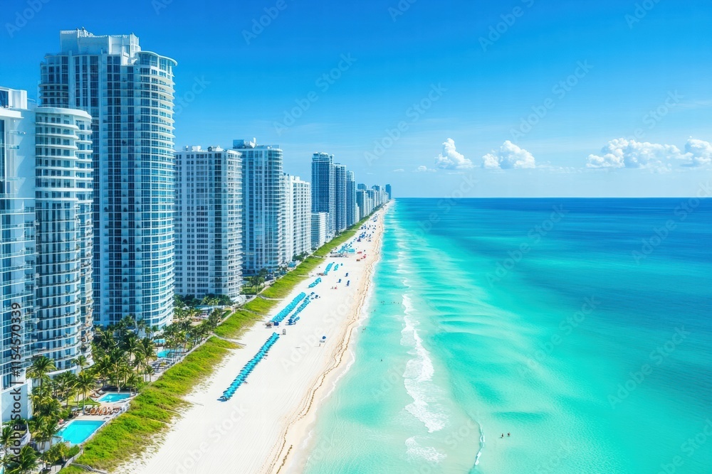Obraz premium Discover the vibrant beach life in sunny Miami with clear blue skies and stunning ocean views on a perfect day. Generative AI