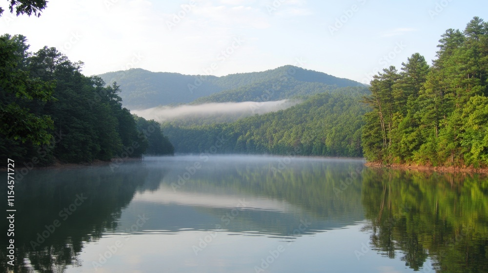 Fototapeta premium Serene Lake Reflection Surrounded by Lush Green Forest and Mountains