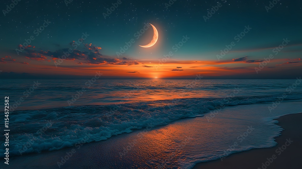 Fototapeta premium Cinematic nighttime beach landscape featuring crescent moon in dark sky, gentle waves meeting sandy shore, starlit atmosphere, and moonlight reflections creating peaceful coastal scenery.