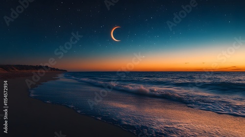 Cinematic nighttime beach landscape featuring crescent moon in dark sky, gentle waves meeting sandy shore, starlit atmosphere, and moonlight reflections creating peaceful coastal scenery. photo