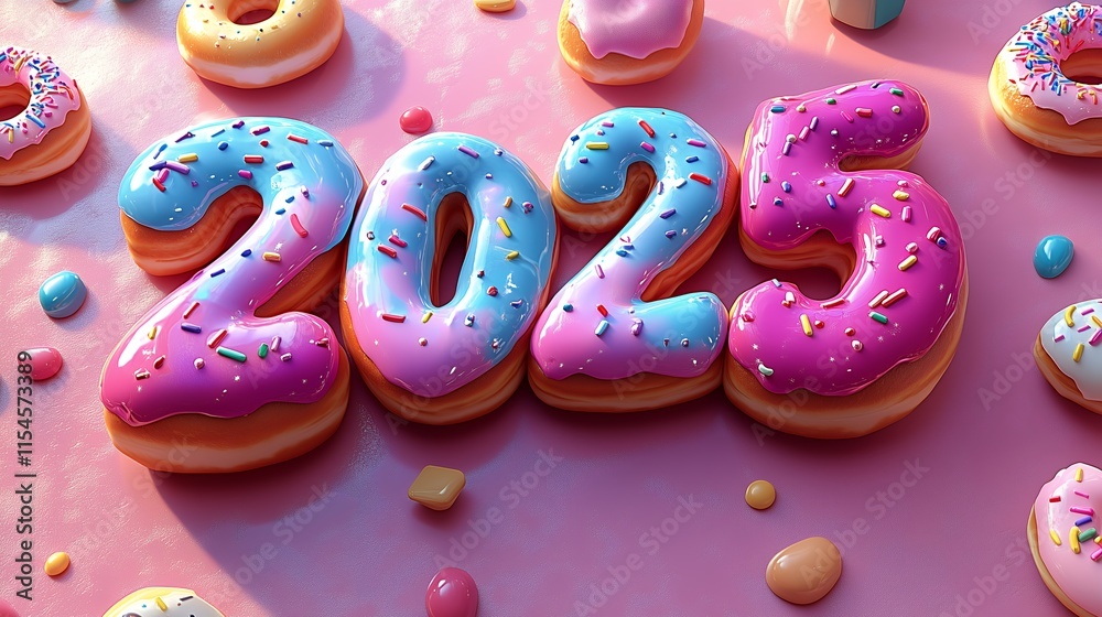 2025 New Year Typography Shaped from 3D Gourmet Donuts, Each Letter Decorated with Colorful Icing, Sprinkles, and Glossy Finish, Placed on Pastel Pink Background with Donuts and Co 2025 New Year Typography Shaped from 3D Gourmet Donuts, Each Letter Decorated with Colorful Icing, Sprinkles, and Glossy Finish, Placed on Pastel Pink Background with Donuts and Co