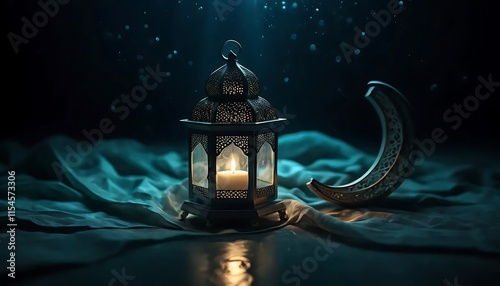 Intricate Metal Lantern Candlelit Crescent Moon Teal Fabric Background