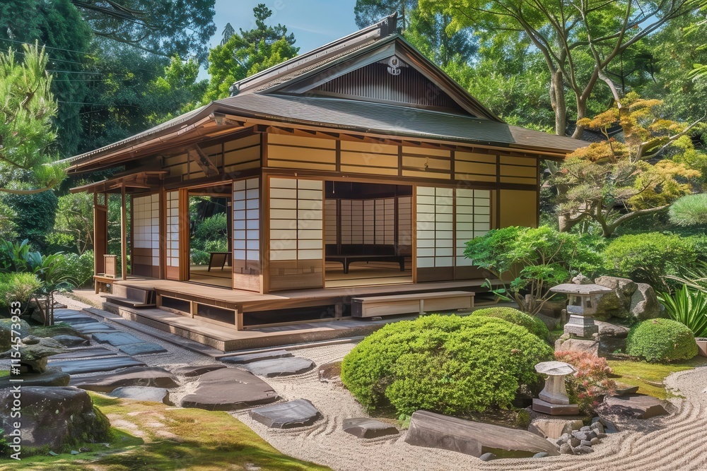 A serene Japanese garden featuring a traditional wooden house and lush greenery. A serene Japanese garden featuring a traditional wooden house and lush greenery.
