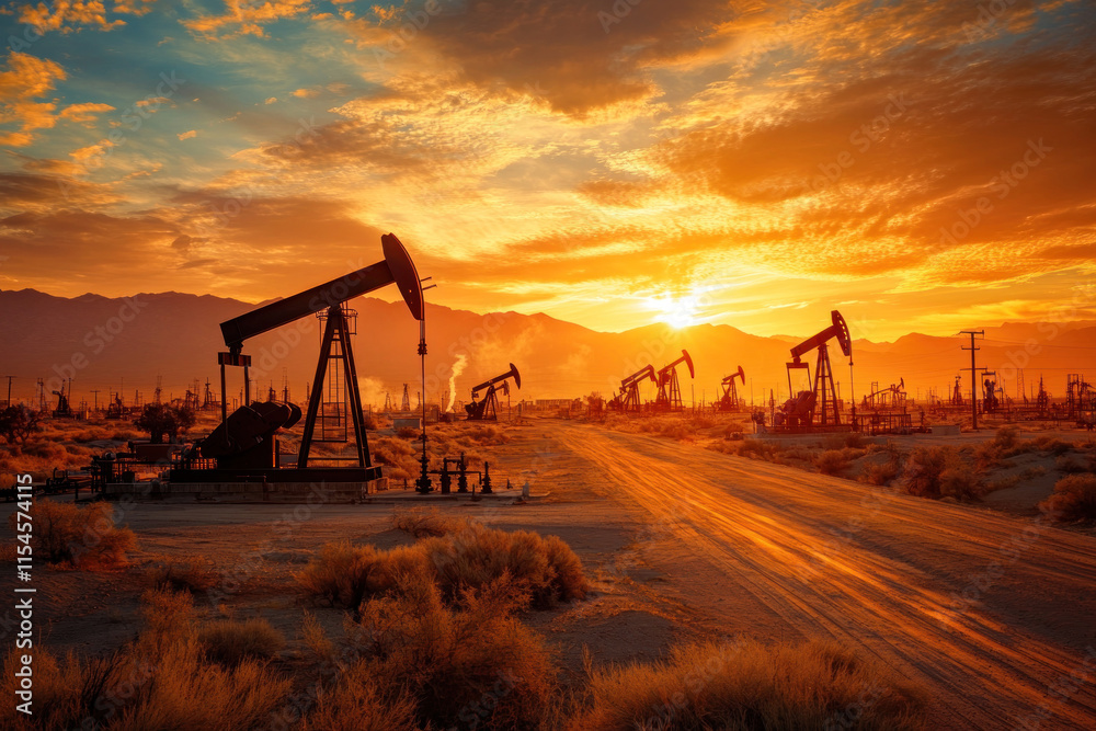 Dramatic landscape featuring oil pumps and pipelines stretching across arid terrain under a vibrant sunset capturing the scale of production and transportation in the sector Dramatic landscape featuring oil pumps and pipelines stretching across arid terrain under a vibrant sunset capturing the scale of production and transportation in the sector