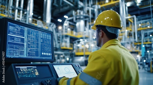 Technician monitoring advanced control panels in a high-tech refinery filled with screens displaying data emphasizing the technological sophistication of modern oil processing