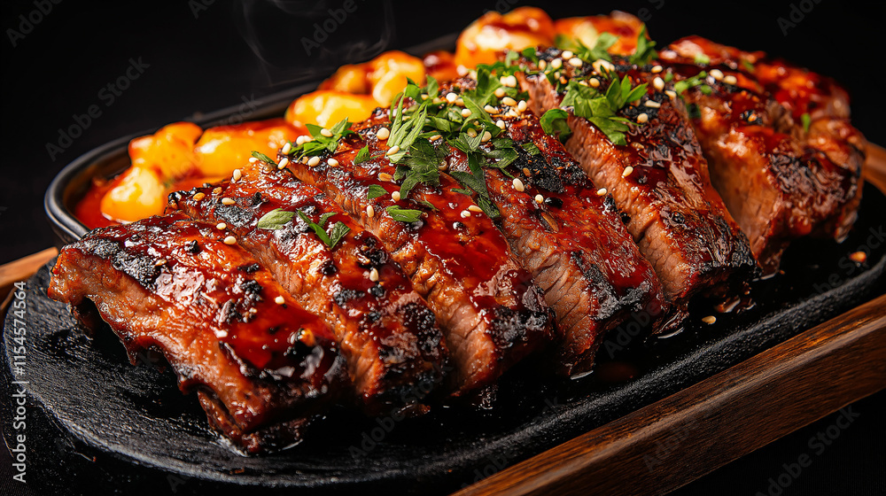 Delicious Korean BBQ Ribs: Sizzling Korean BBQ ribs, glazed with a rich, savory sauce, served on a hot plate with tteokbokki. A mouthwatering culinary experience. Delicious Korean BBQ Ribs: Sizzling Korean BBQ ribs, glazed with a rich, savory sauce, served on a hot plate with tteokbokki. A mouthwatering culinary experience.