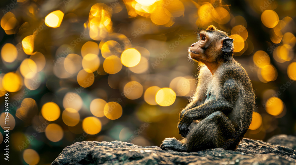 Obraz premium Serene Monkey In The Golden Hour Wildlife, Primate Portrait With Copy Space, Vibrant Colors