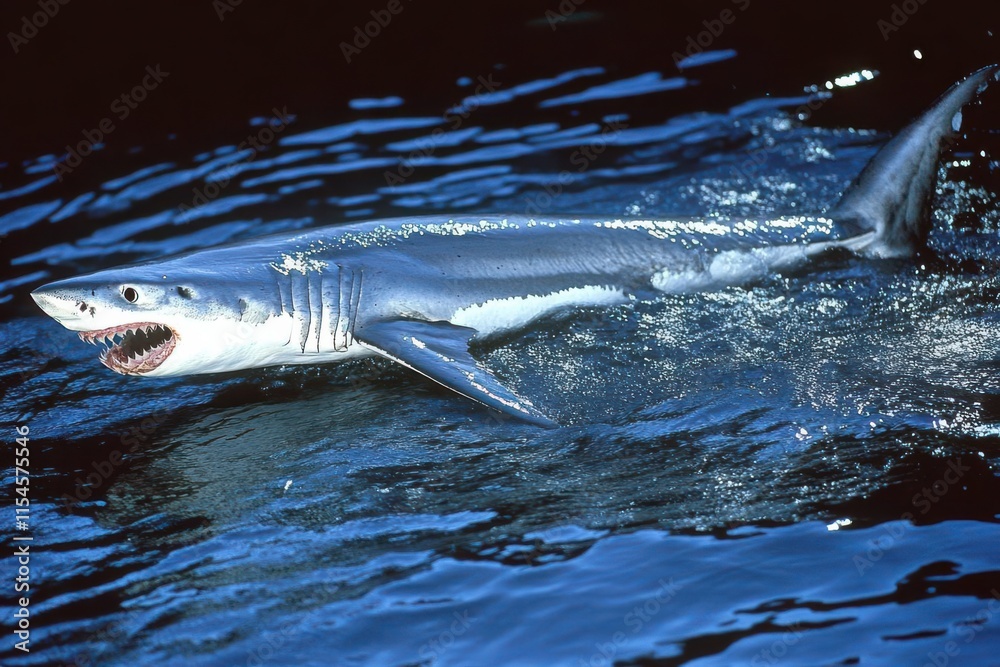 Fototapeta premium A shark swimming in the ocean, showcasing its streamlined body and sharp teeth.