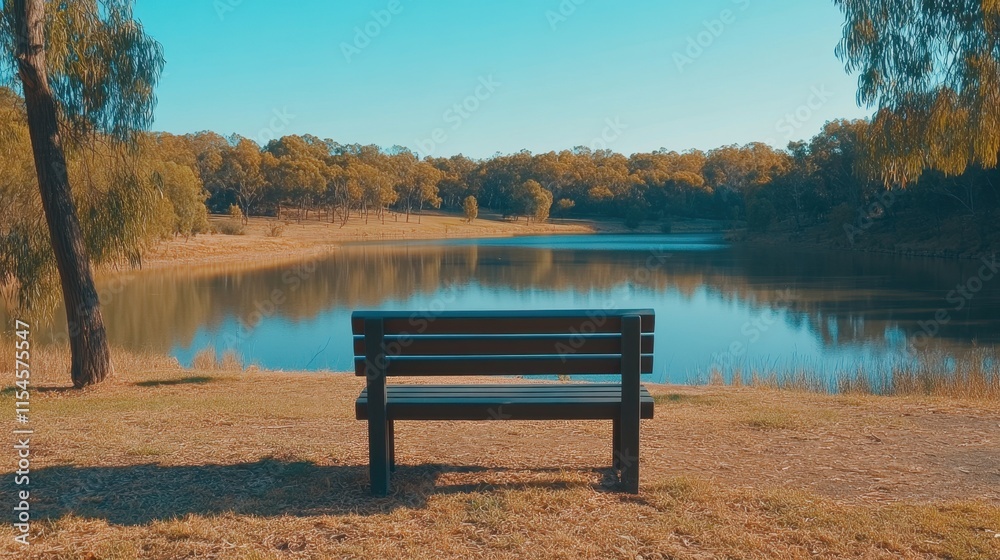 Serene Lakeside View with Bench Surrounded by Colorful Autumn Foliage Serene Lakeside View with Bench Surrounded by Colorful Autumn Foliage