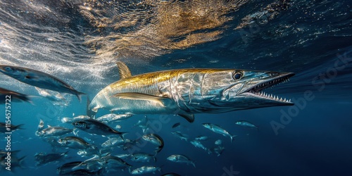 A barracuda swimming among smaller fish in clear ocean waters.