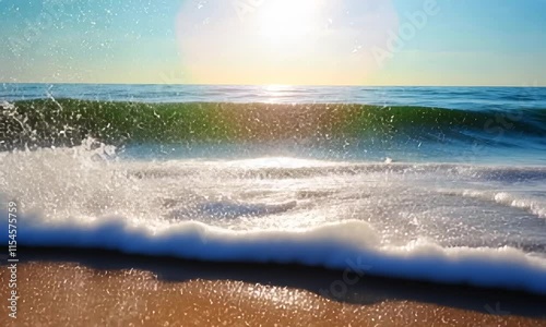 Sunlit ocean waves crashing on sandy beach during day