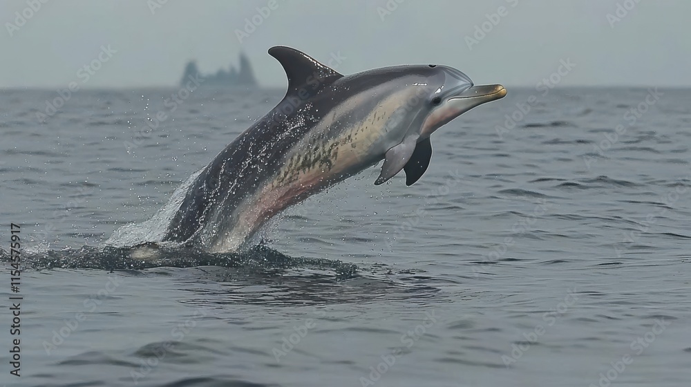 Fototapeta premium A dolphin leaps gracefully above the water's surface, showcasing its agility and beauty.