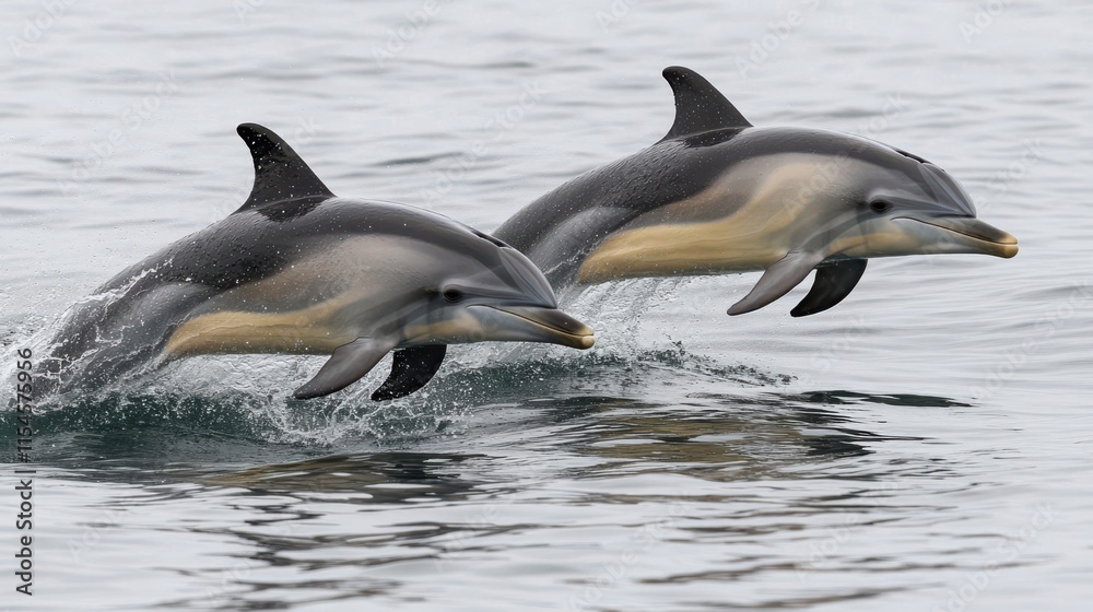 Fototapeta premium Two dolphins leaping gracefully above the water's surface.